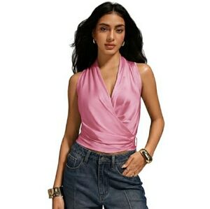 Satin Wrap Ruched Tie Side Tank Deep V Neck Sleeveless Blouse Pink